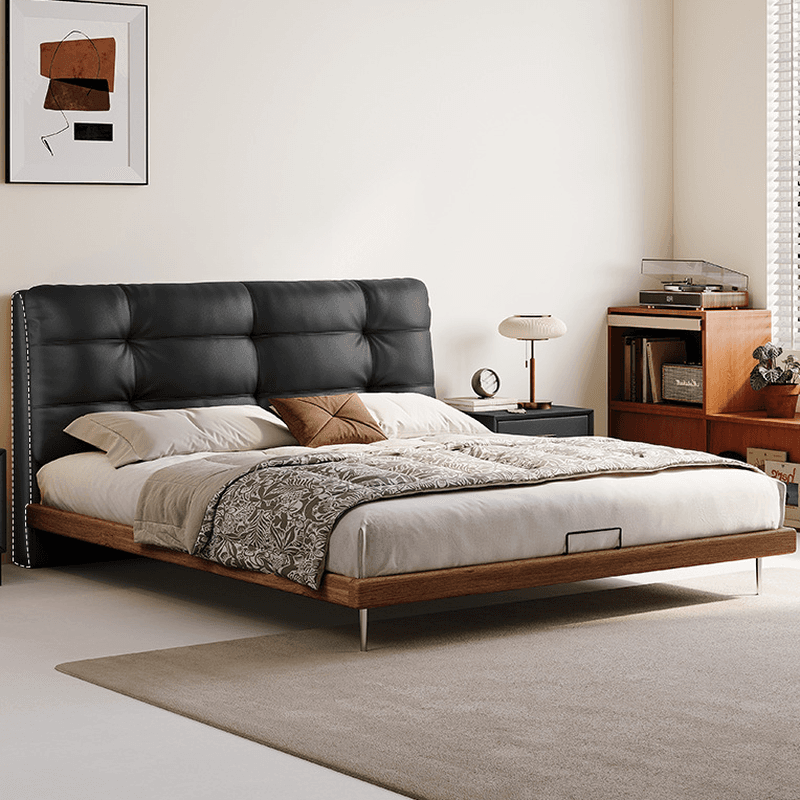 Solid Color Platform Bed with Natural Wood Frame and Button-tufted Design for Living Room - image 3
