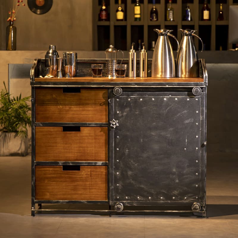 Industrial Metal Sideboard Cabinet with Wood Countertop, 3 Drawers, and Sliding Doors