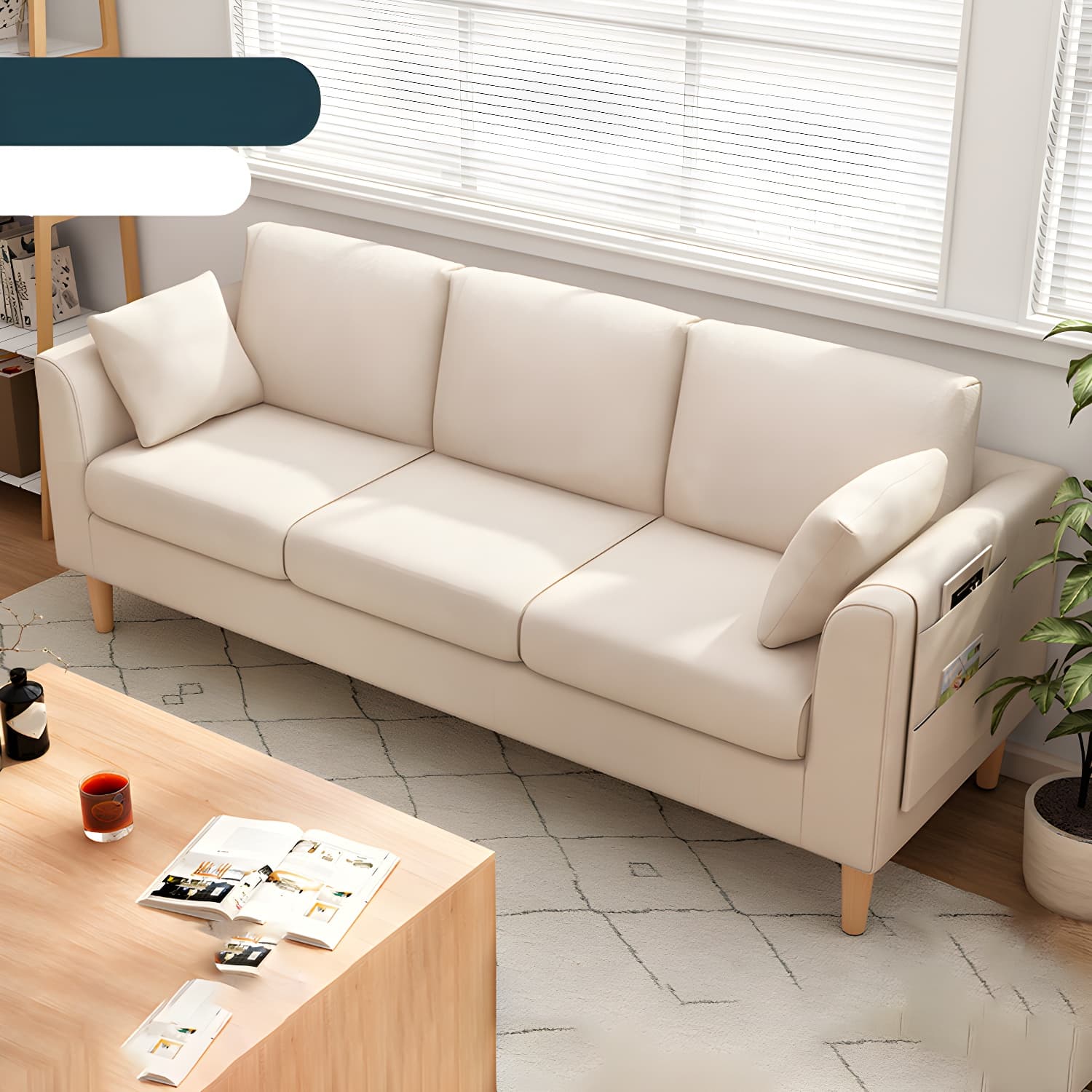Scandinavian 3 Seater Sofa with Pillows Back and Tuxedo Arm and Solid Wood Legs - image 9