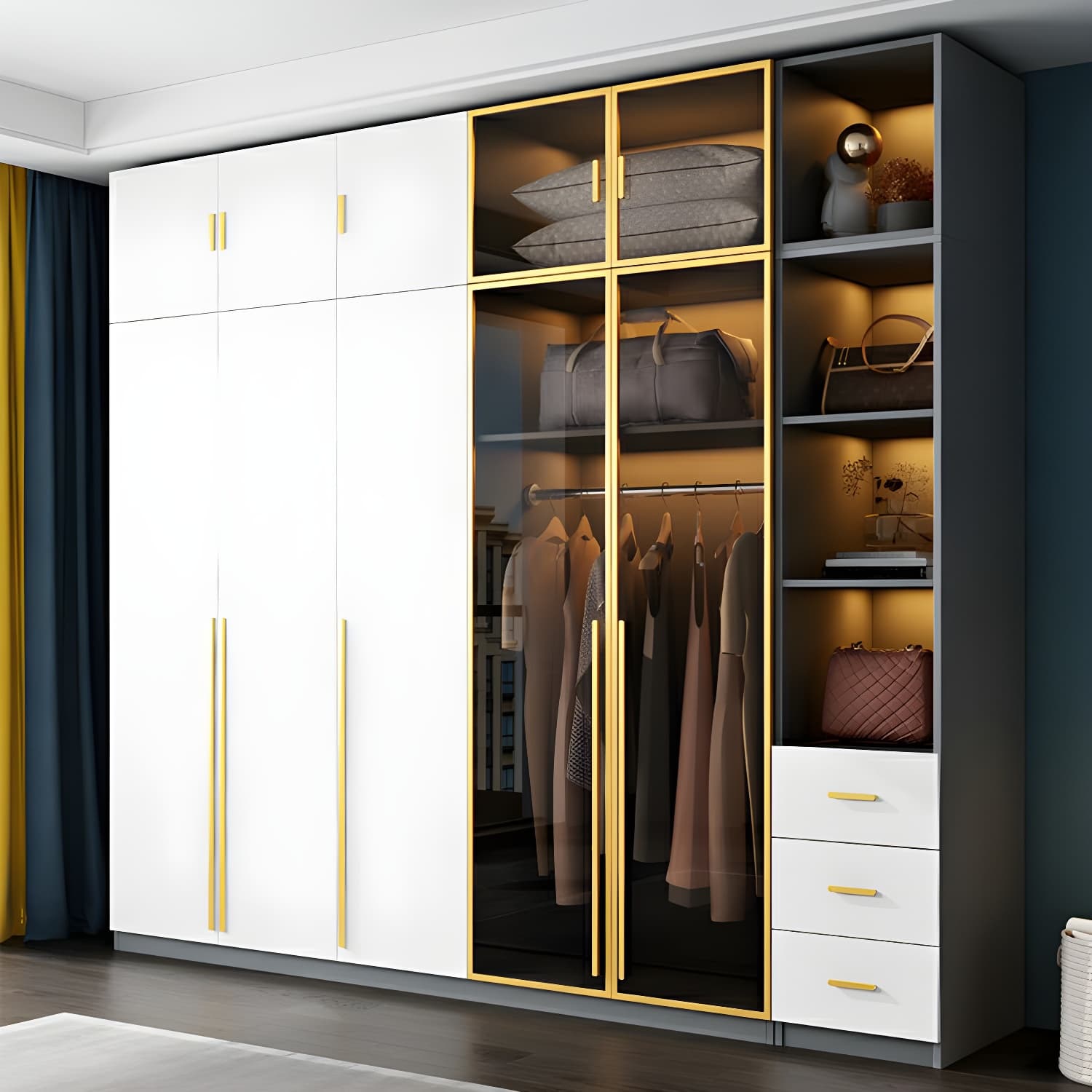 Contemporary Color Block Glass Doors Combination Armoire with Shelves Storage - image 3