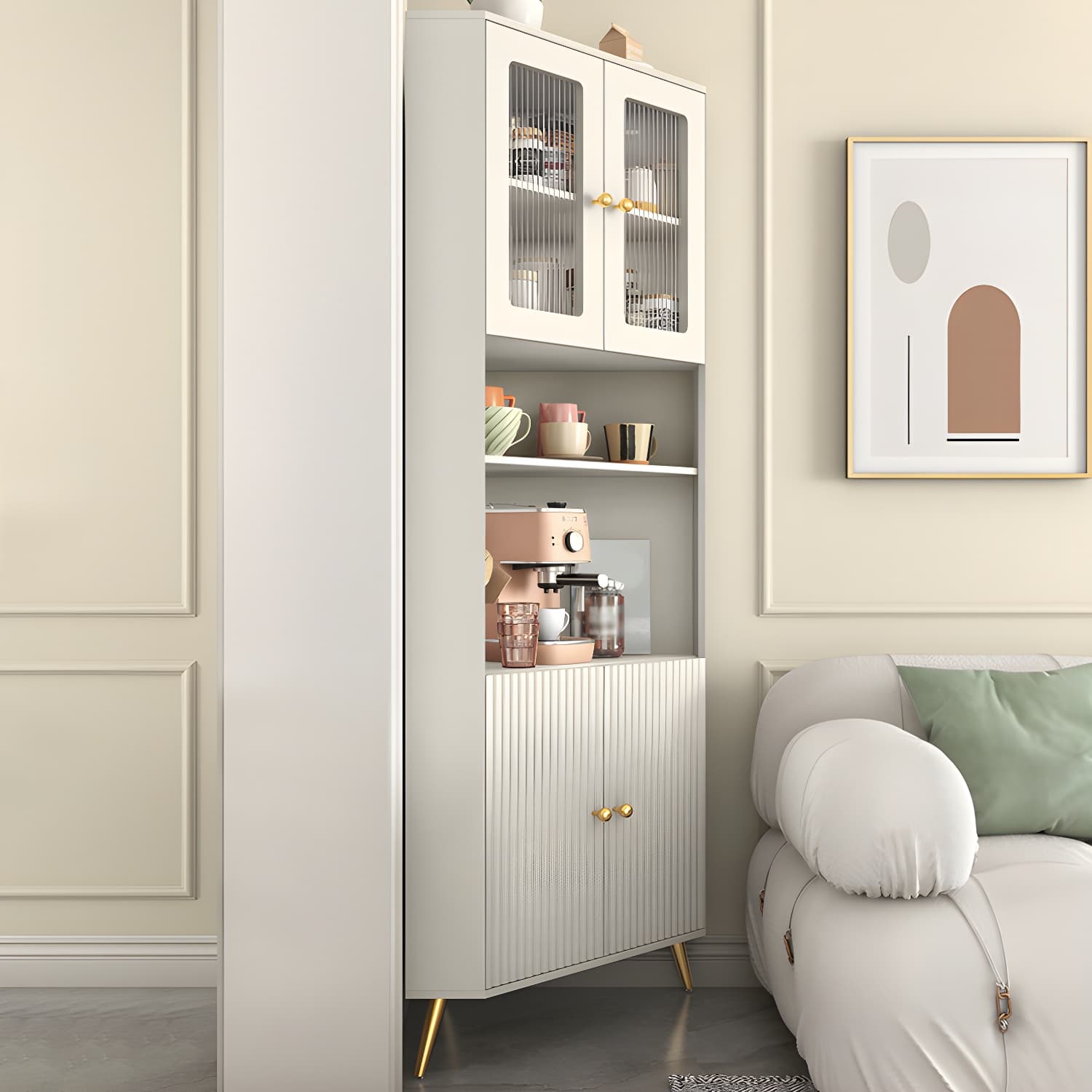 Modern Corner Accent Cabinet with White Wood Countertop, Glass Doors, and Gold Metal Base - image 4