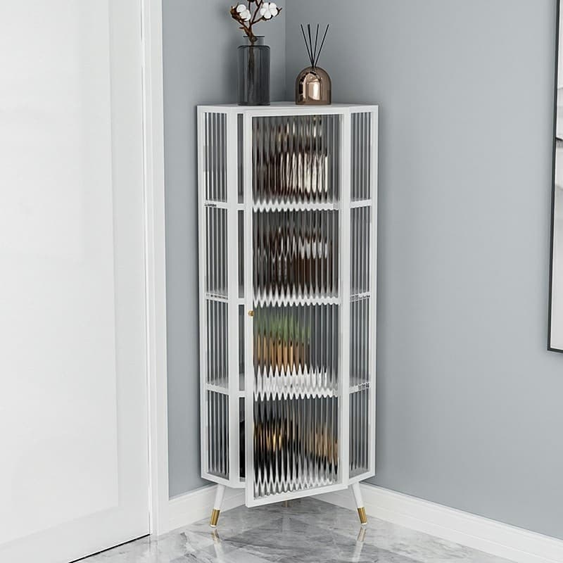 Urban Modern Iron Corner Accent Cabinet with Glass Doors and Exterior Shelving