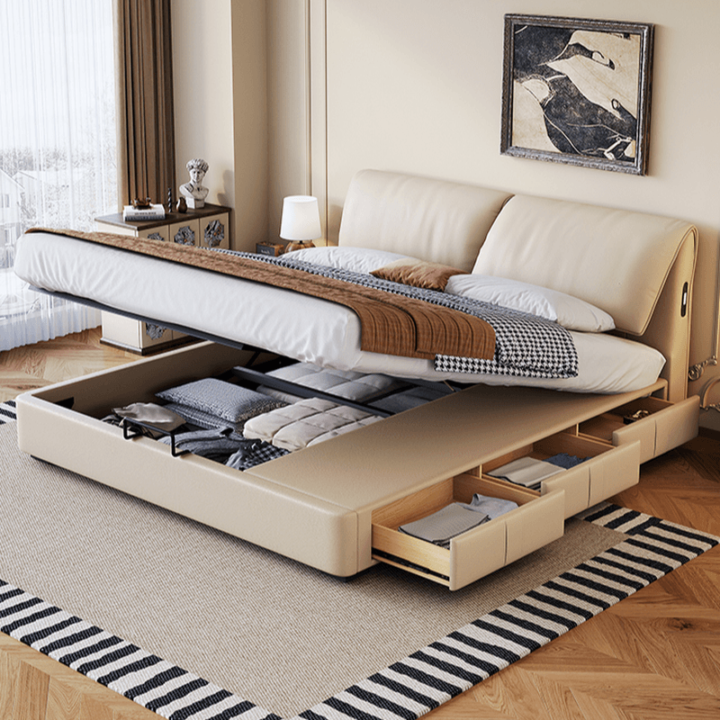 Beige Solid Color Storage Bed with 3 Storage Boxes, Sponge Upholstery, and Illumination Light - image 3