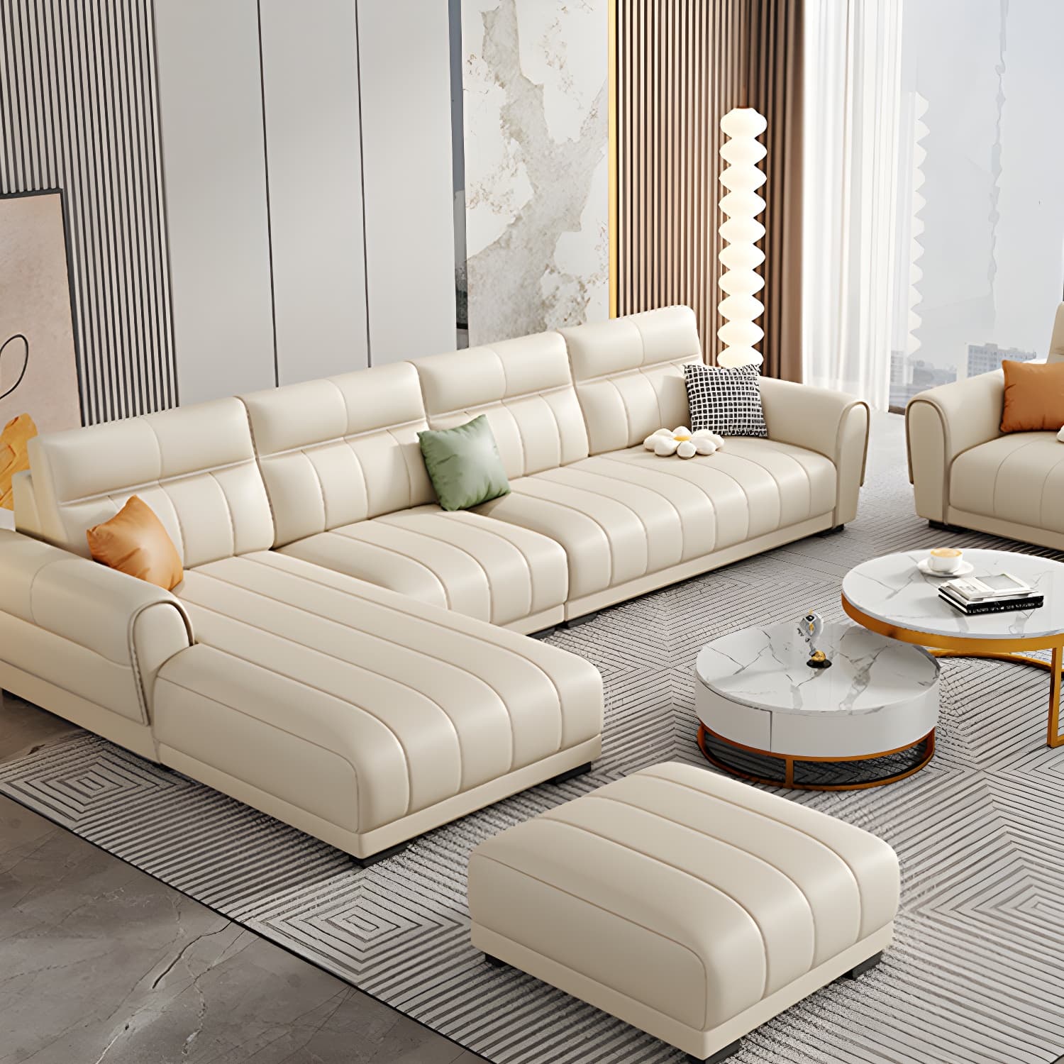 Scandinavian Wood Frame Beige Faux Leather Sectional with Cushion Back - image 3