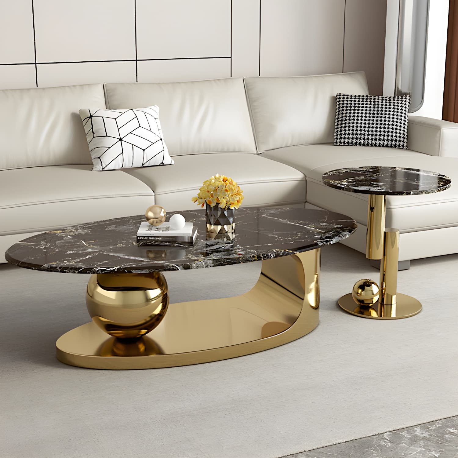 Chic Oval Stone Coffee Table - Modern Elegance with Metal Pedestal Base - image 5
