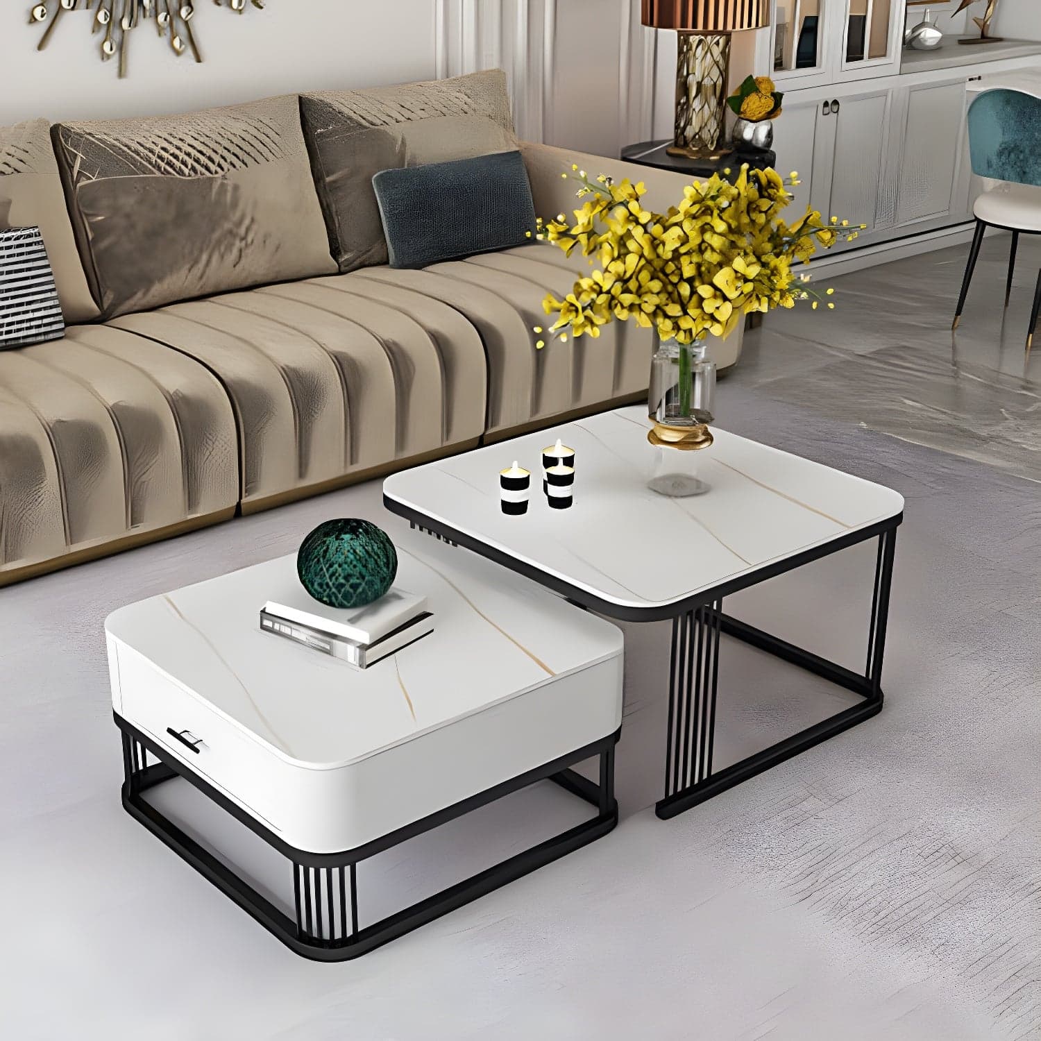 Square Slate Top Coffee Table with Drawers Frame Base 2 Nestling Cocktail Table - image 5