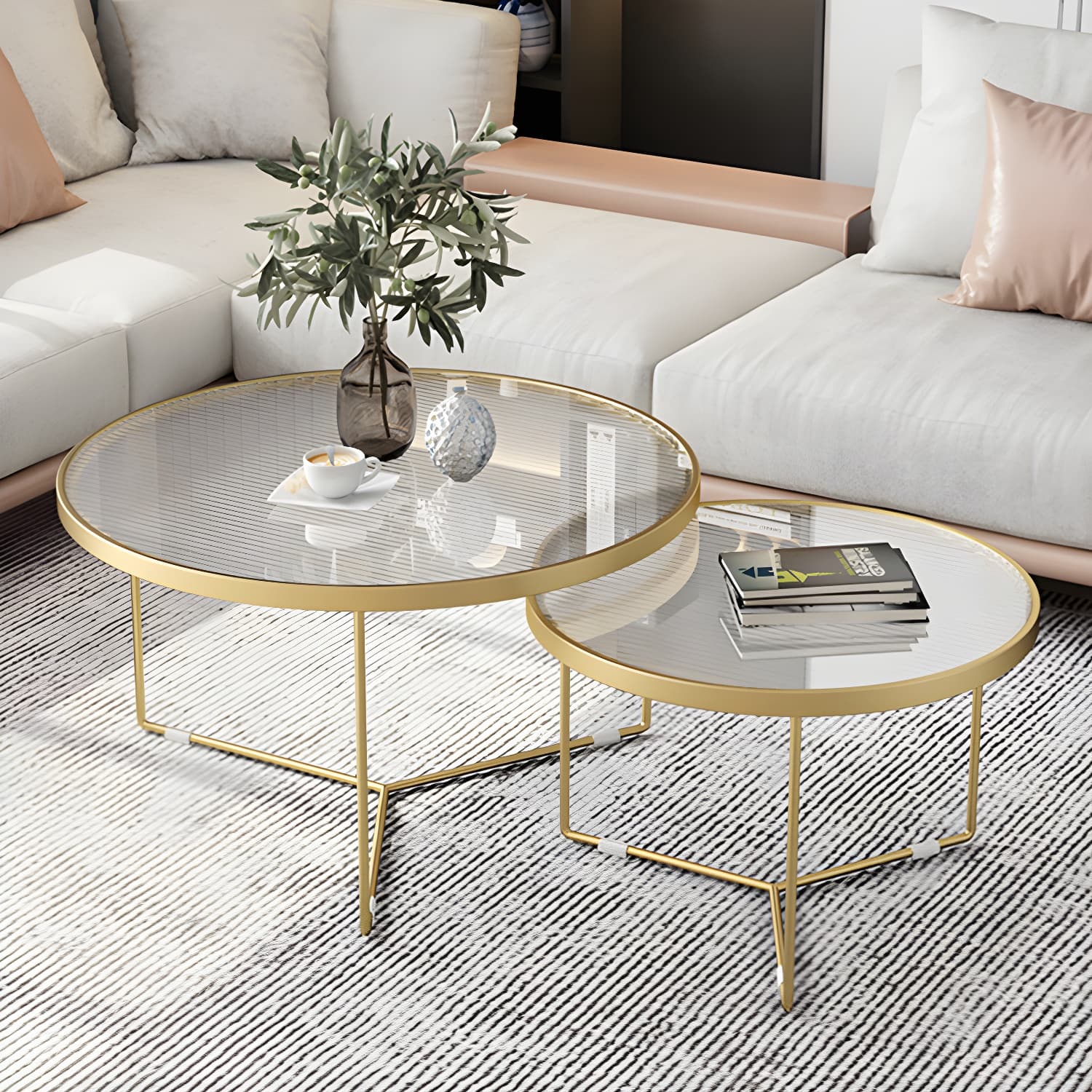 Set of Two - Glam Style Glass Top Coffee Nesting Tables With Metal Base