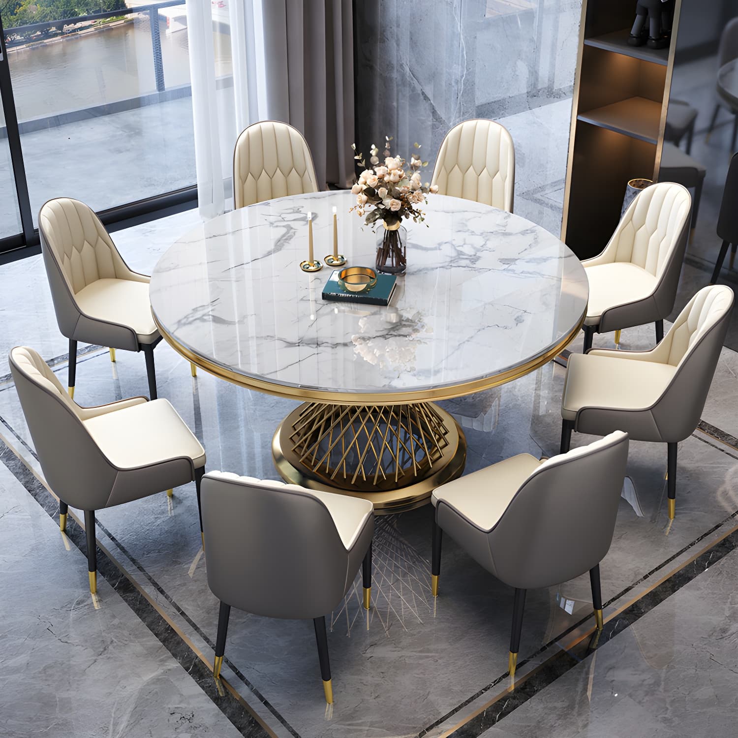 Glam Round Marble Dining Set with Gold Metal Pedestal Base - Fixed Table in White