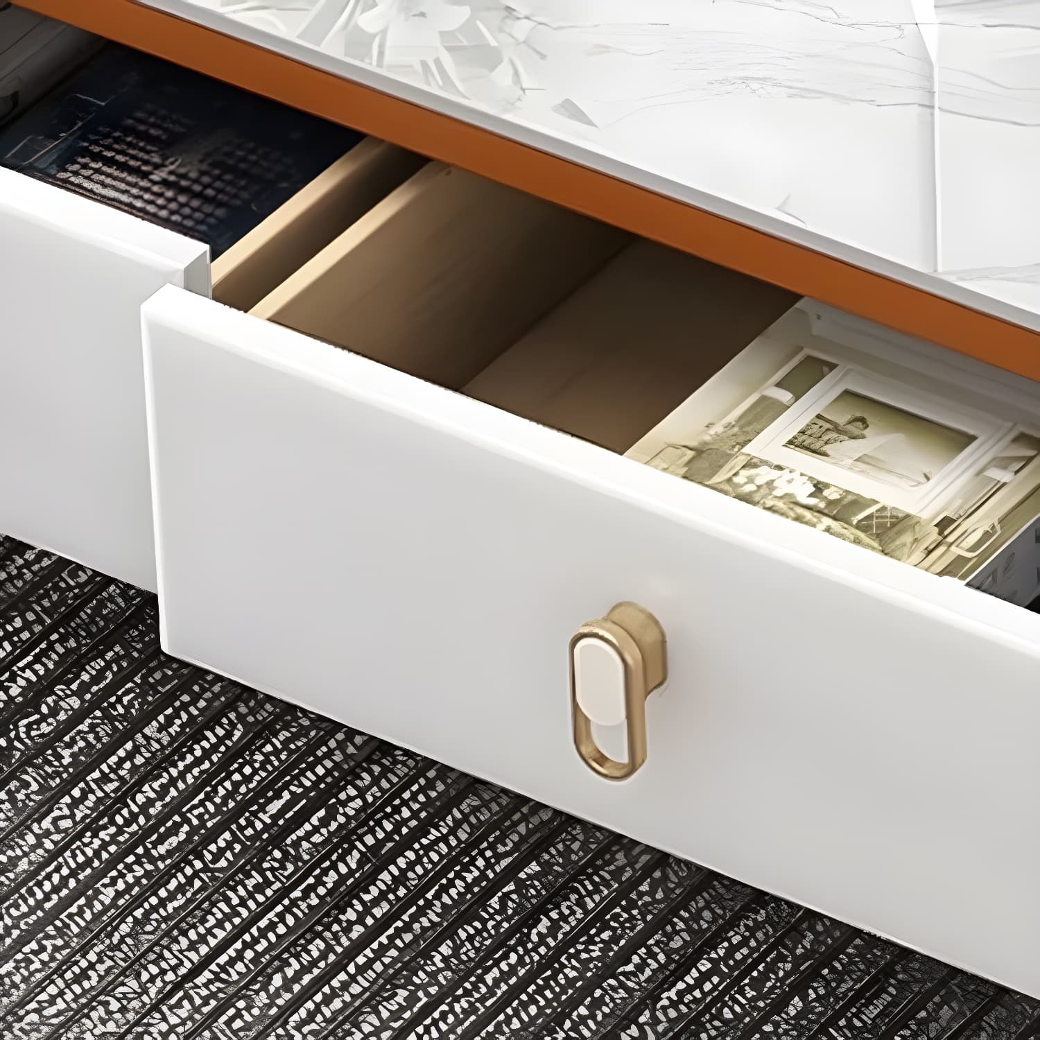 Modern Gold Metal Coffee Table with Stone Top and Built-In Storage Drawers - image 11
