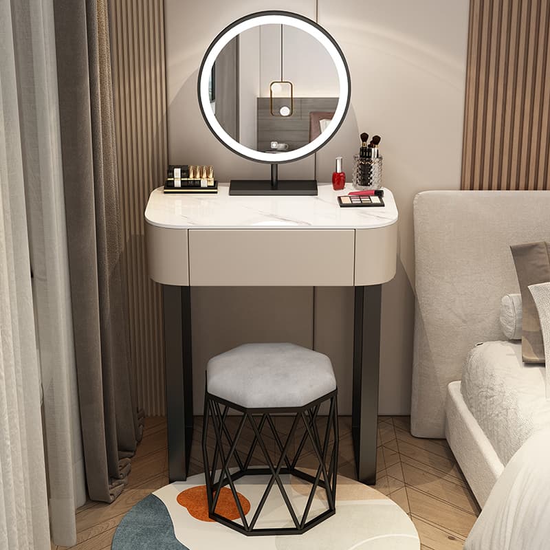 Casual Small/Standard Vanity Set with White Chair, Iron Frame, Drawer, and Mirror Lights