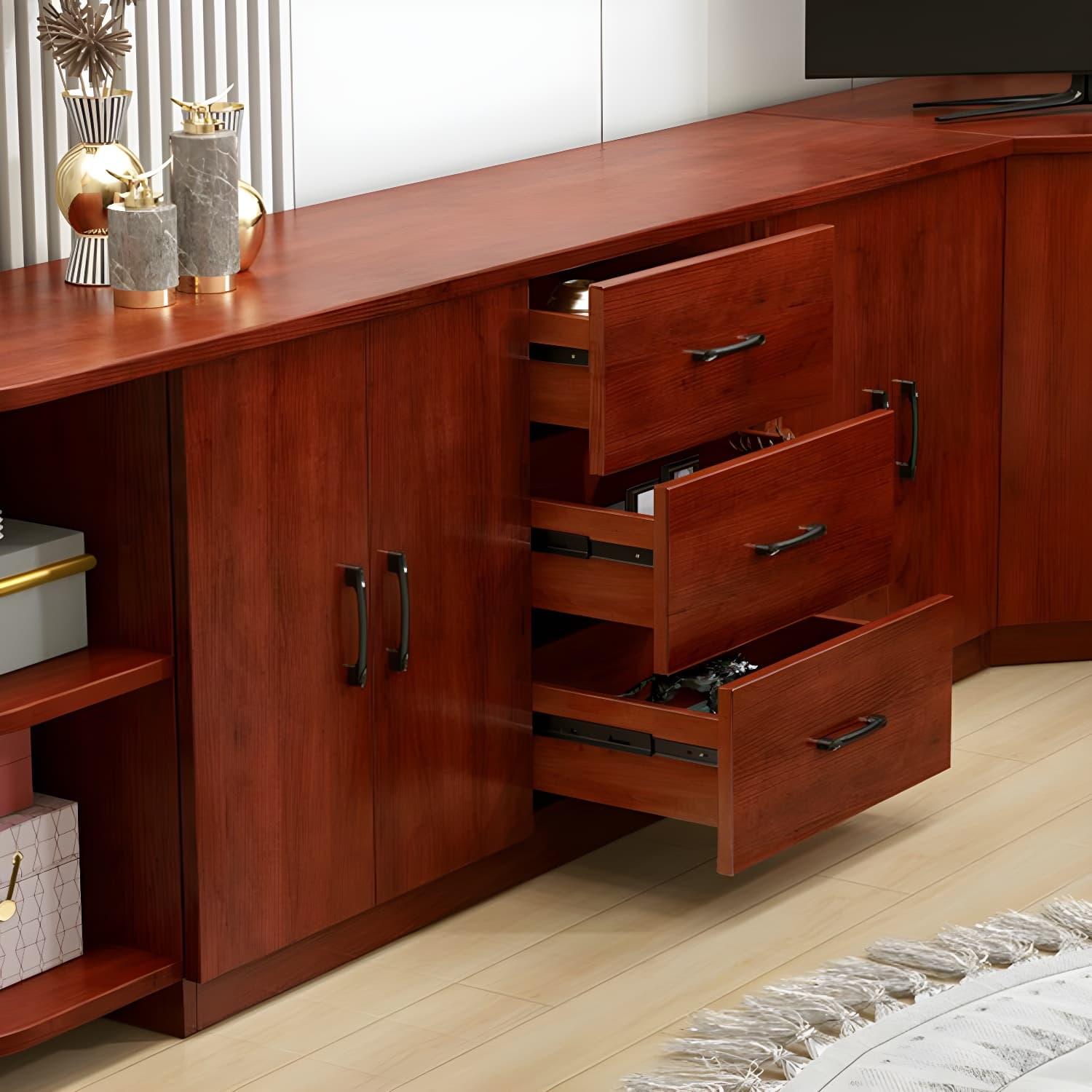 Modern Solid Wood Corner TV Stand Console with Storage Drawers & Shelves - image 10