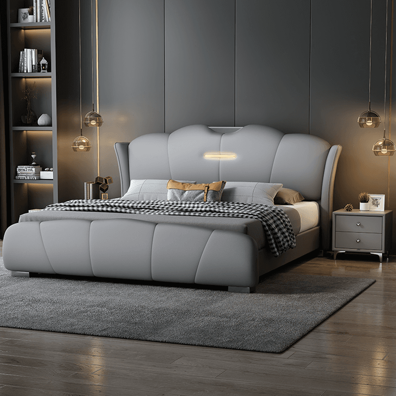 Light Gray Storage Included/Panel Bed with 3 Storage Boxes, Natural Wood Frame, Sponge Upholstery, and Lighted Headboard