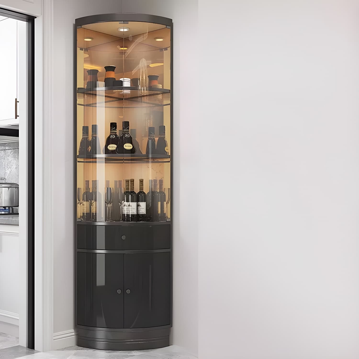 Corner Modern Accent Cabinet with Wood Counter Top, Glass Doors, and Metal Base - image 14