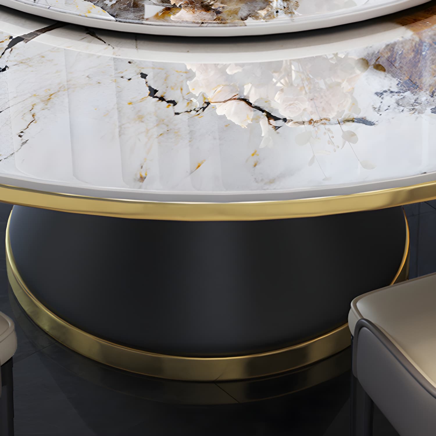 Glam Round Stone Dining Set in White - Fixed Table with Black Metal Pedestal Base - image 10