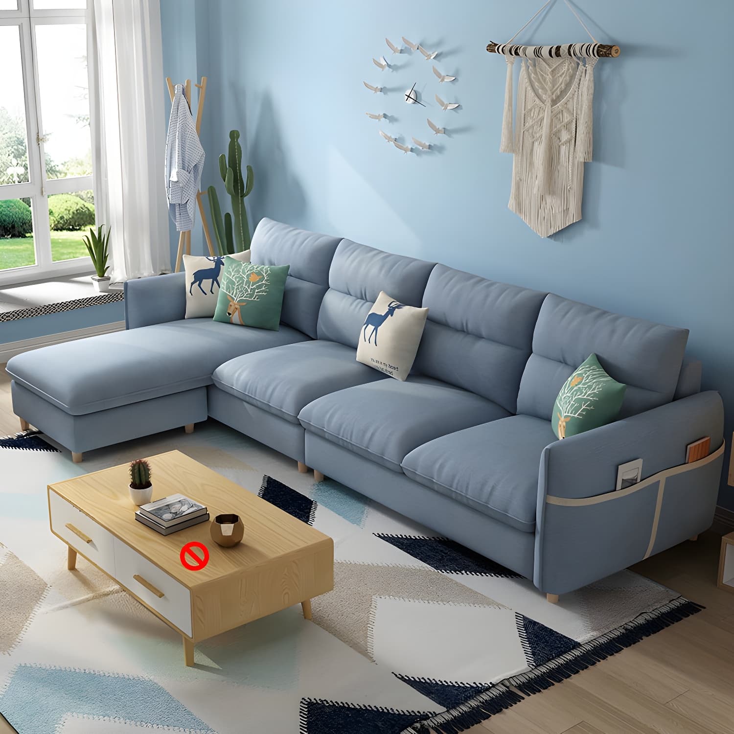 Scandinavian Modular L-Shape Sectional Sofa Chaise with Reversible Pine Wood Frame