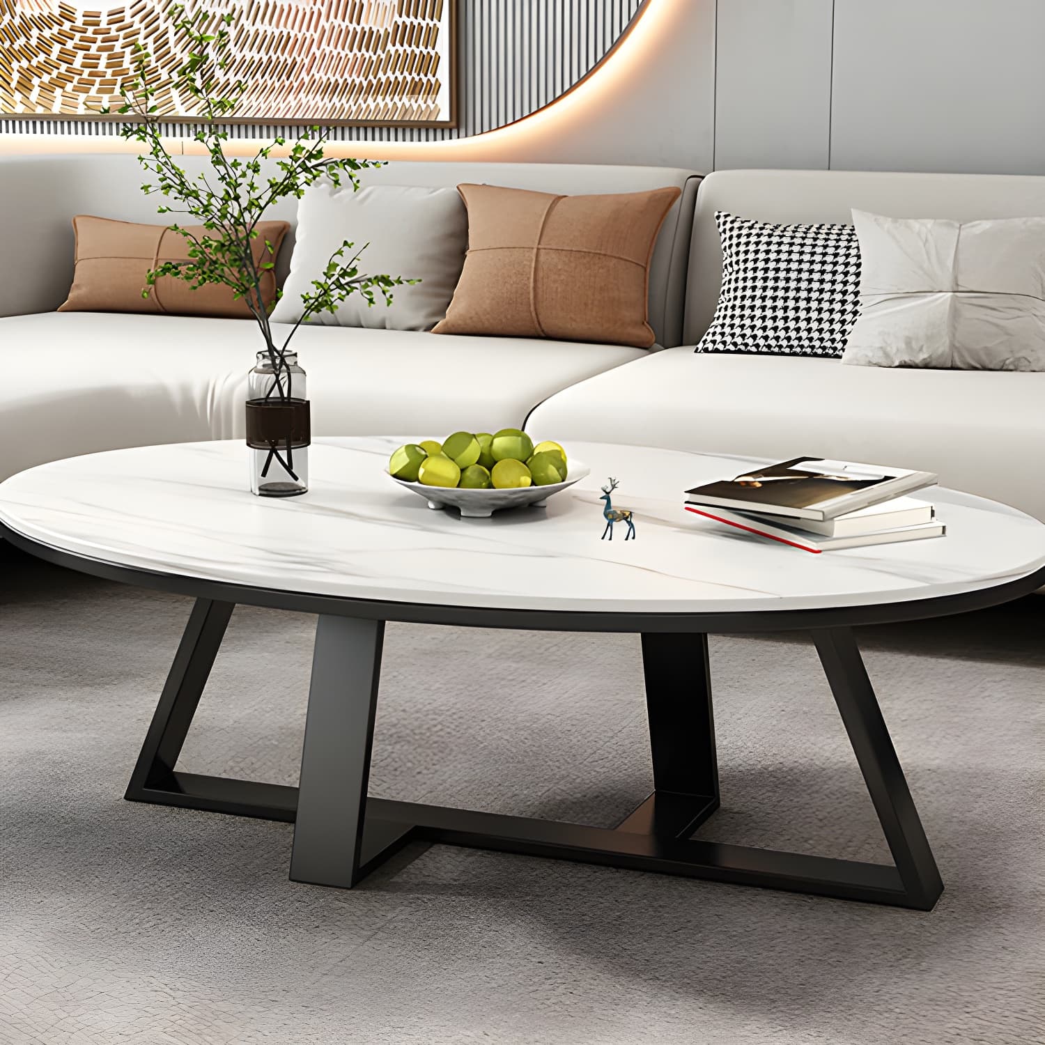 Metal Cross Legs Cocktail Table Luxurious Oval Stone Top Coffee Table - image 14