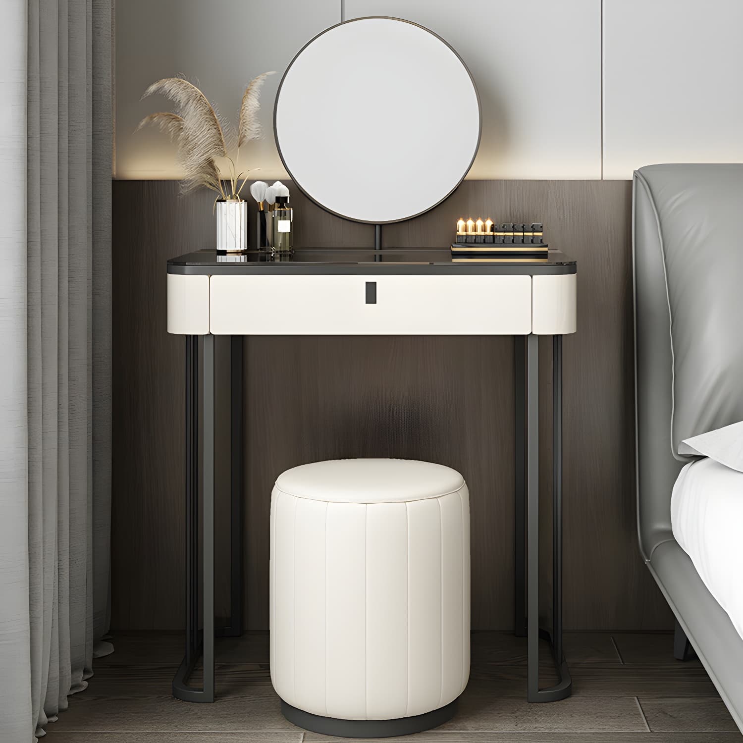 Modern Minimalist White Vanity Table Set 29.53" H Glass Top Vanity Table with Storage