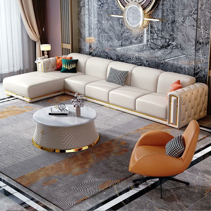 Glam Genuine Leather Sofa and Chaise in Beige with Square Arm - image 3