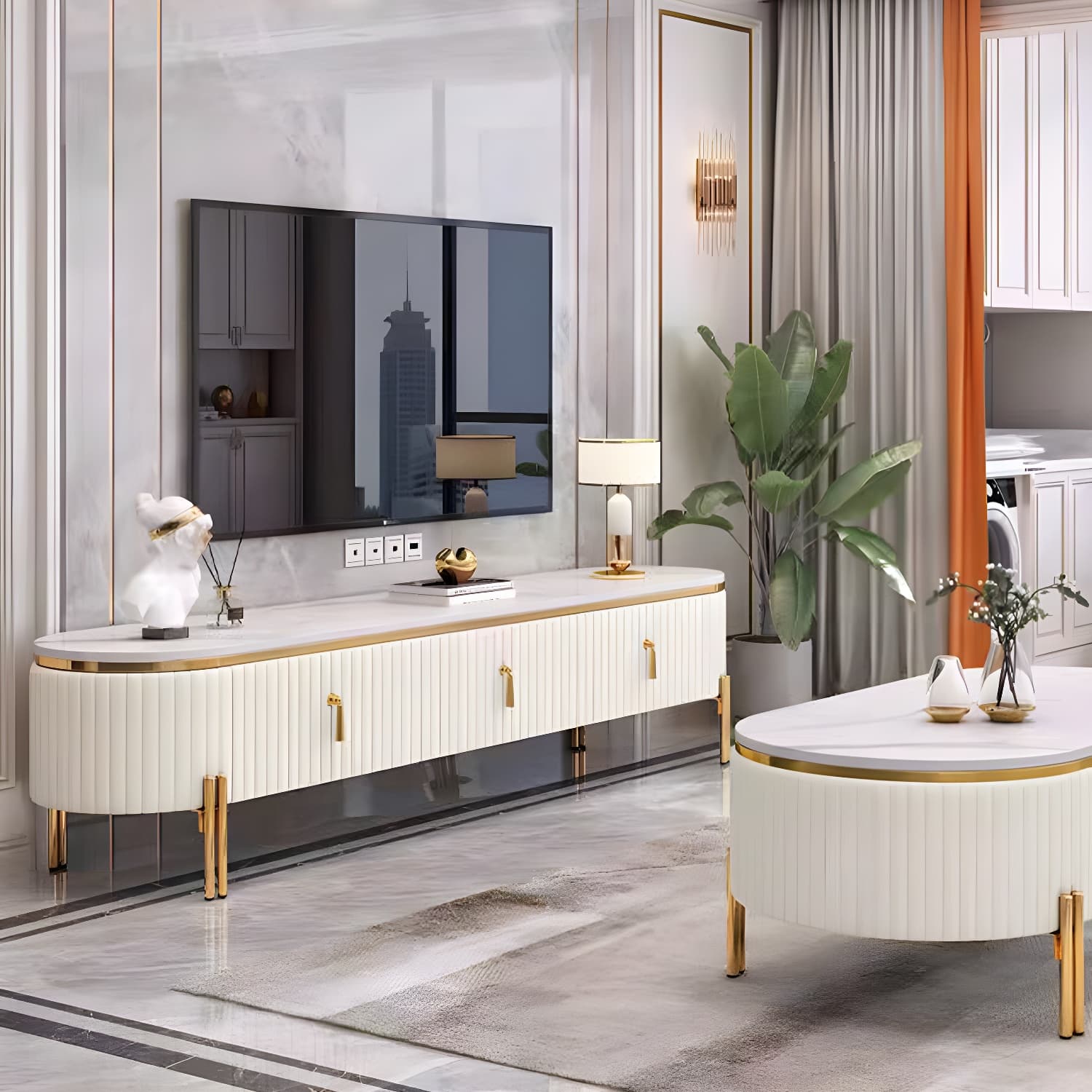 White TV Cabinet Modern Style TV Stand with Storage for Living Room