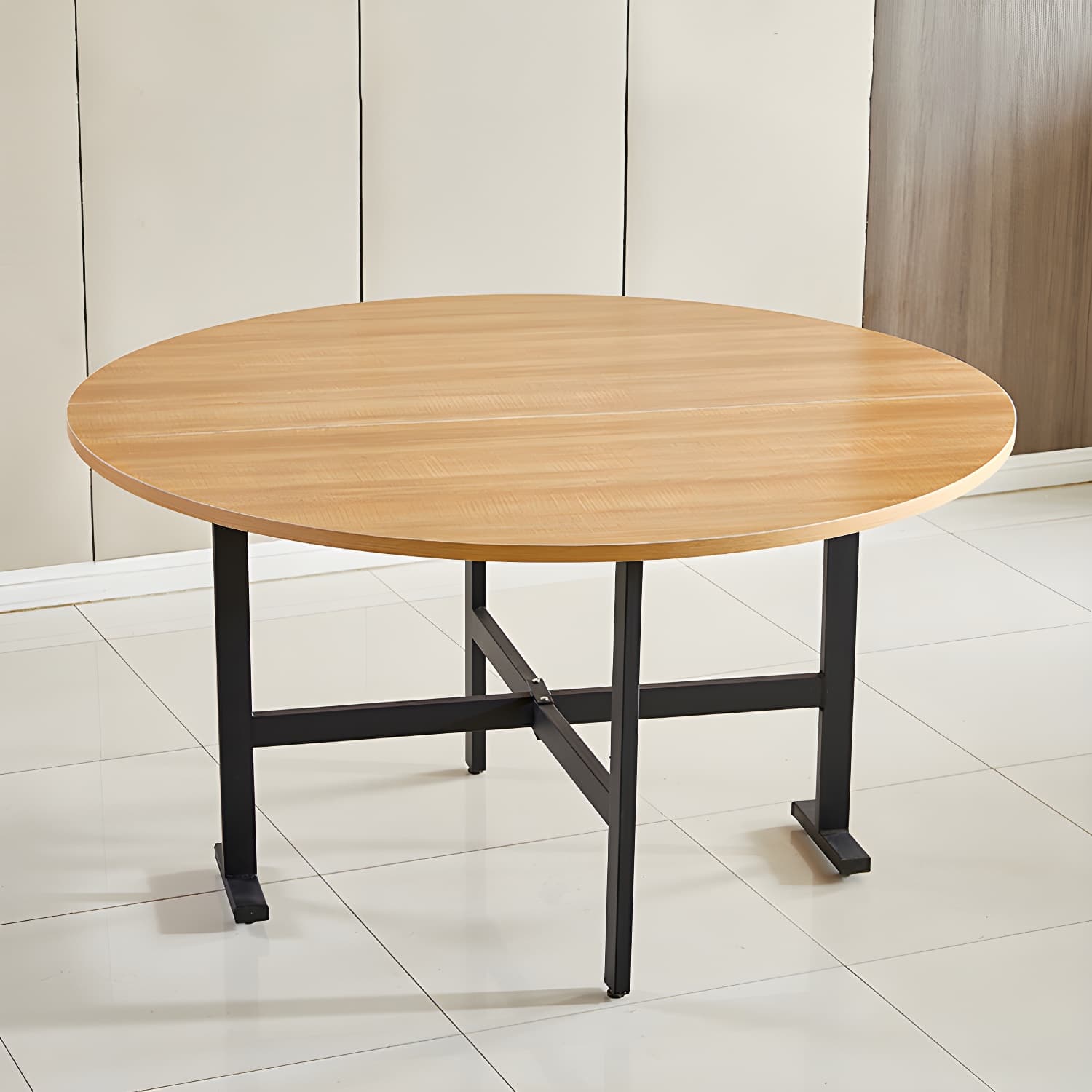 Metal Mid-Century Modern Round Table Wood Top Dining Table with Drop Leaf