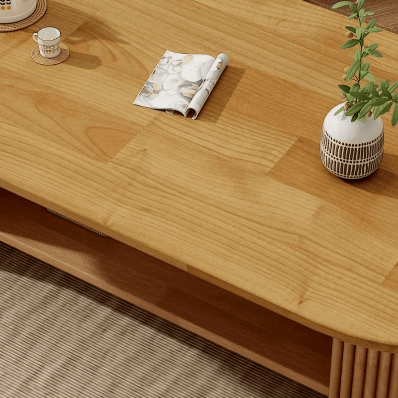 Oval Natural Wood Coffee Table with Twin Support Base, Repository, and 1 Shelf - image 10