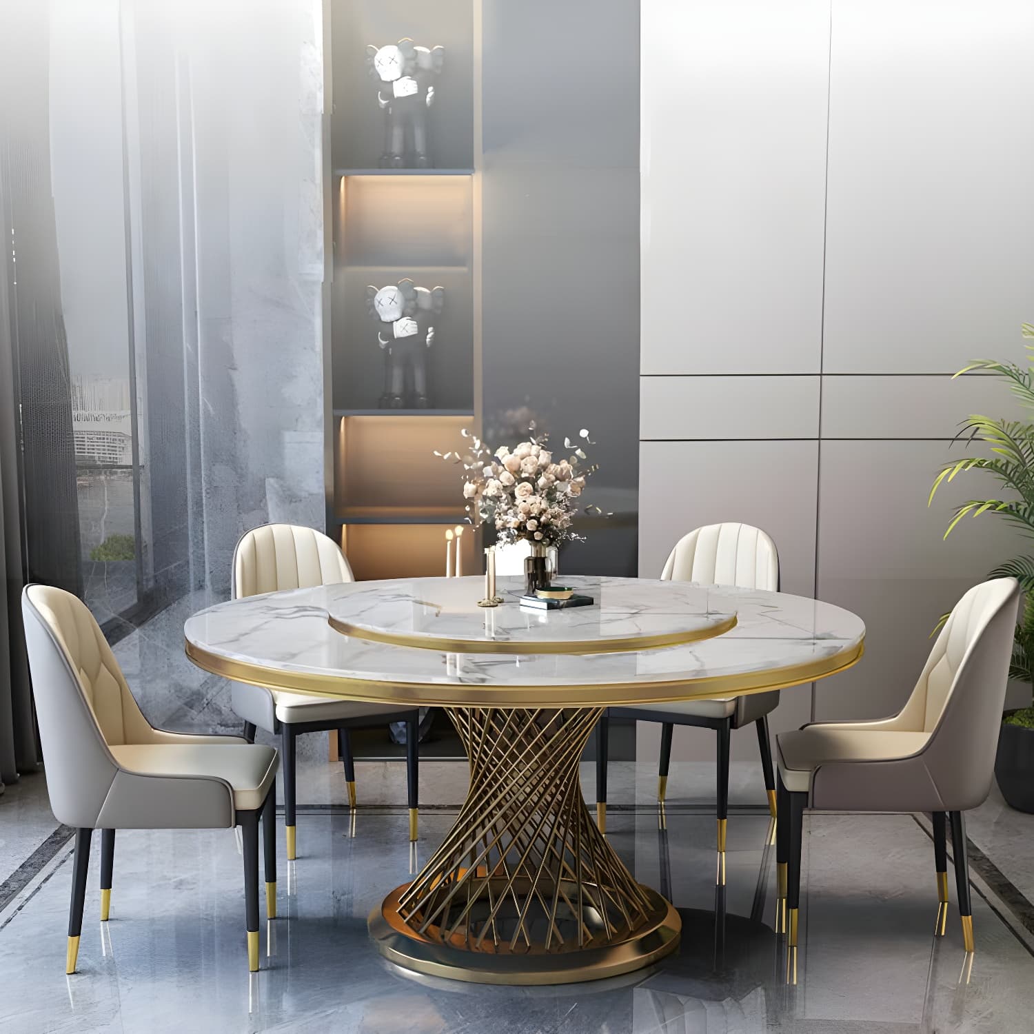 1/5/7/9 Pcs Dining Set with Round Marble Table and Padded Chairs