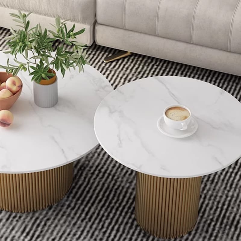 Modern Round Stone Top Coffee Table with Sturdy Metal Pedestal Base in Standard Height - image 10