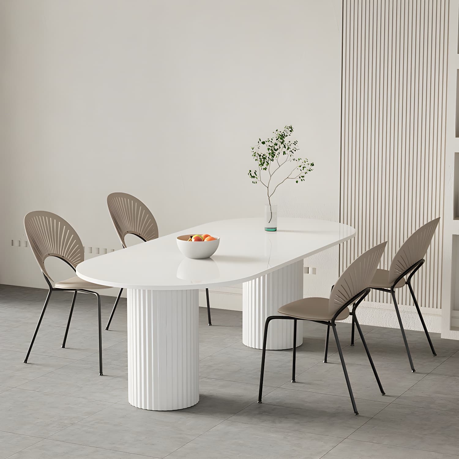 Oval Dining Table Modern Stone Dining Table in White with Double Pedestal