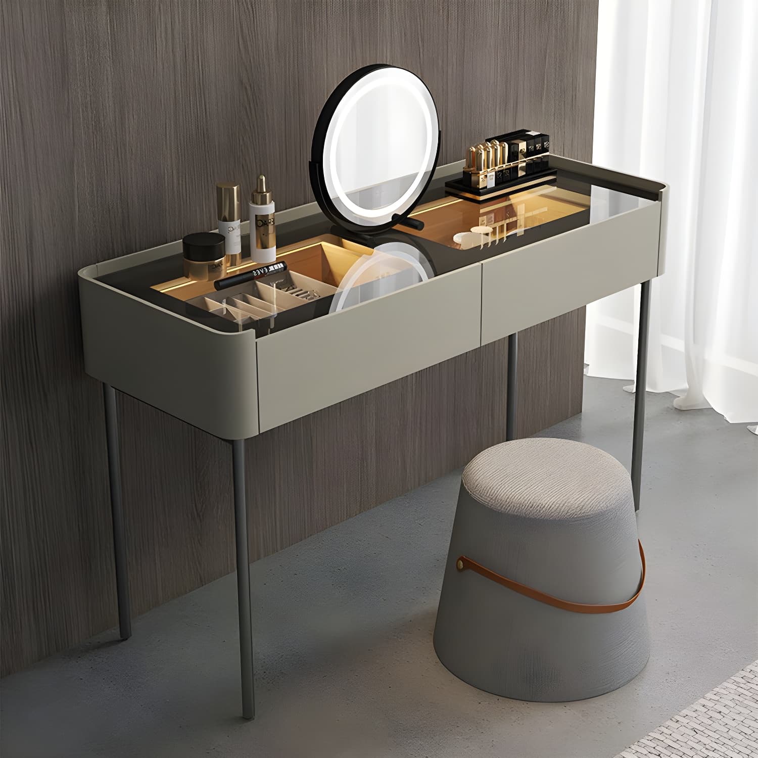 Modern Wooden Makeup Vanity with Glass Table Top & Drawers & Jewelry Storage - image 8