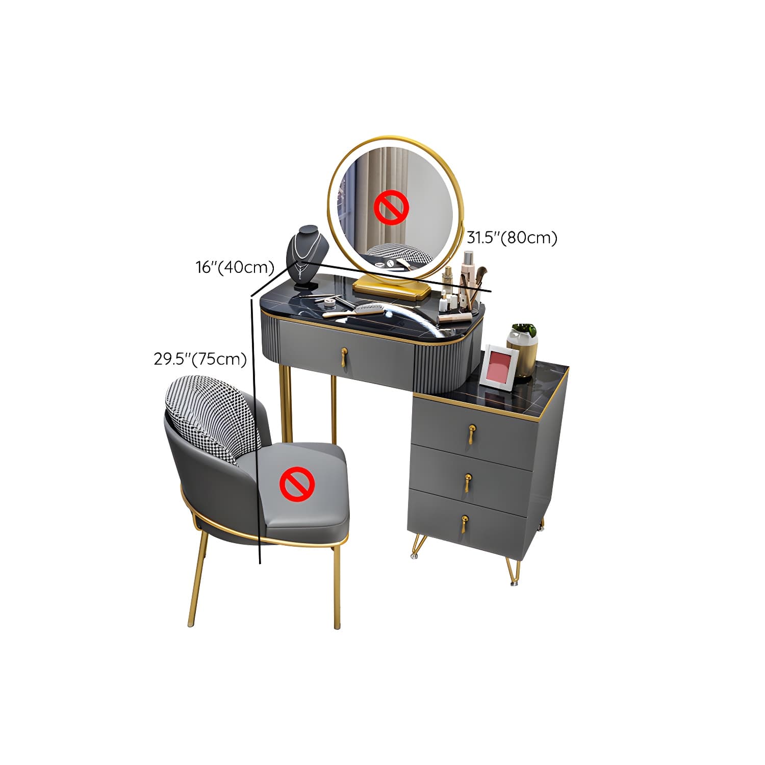 Gold Base Makeup Counter 15.74" Wide Vanity Tables with Storage Drawers - image 34