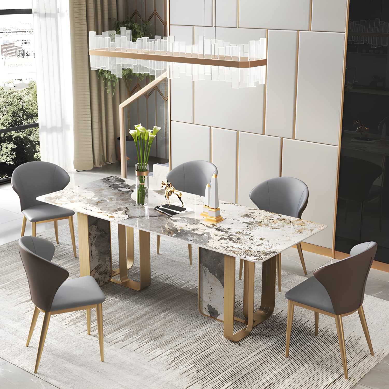 Luxury 1/2/3/5/6/7/8/9 Pieces Dining Set with Stone Dining Table and Chairs Dinette Set - image 3