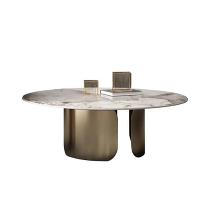 Chic Modern Round Beige Stone Top Coffee Table with Industrial Iron Base