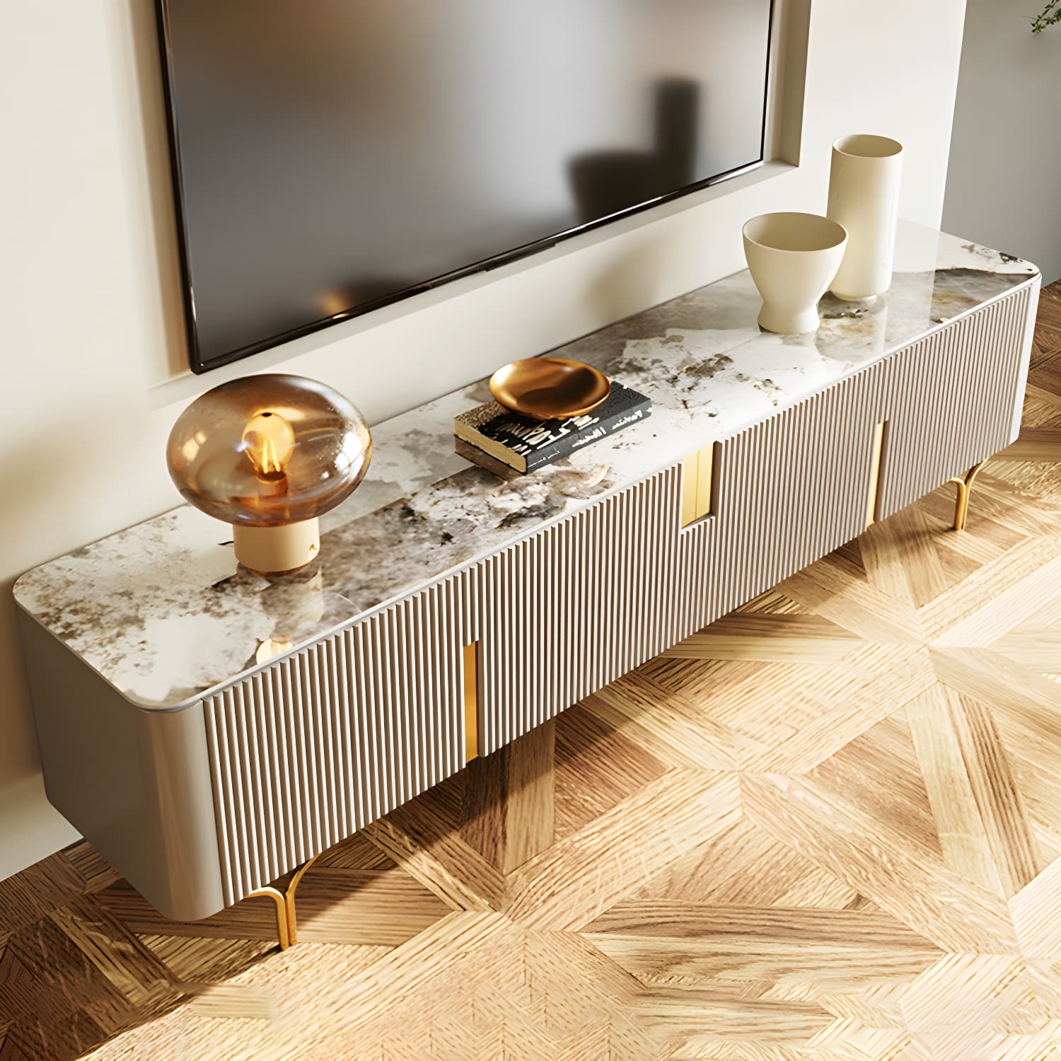 Enclosed Storage TV Stand Console Stone TV Media Console with Legs - image 14
