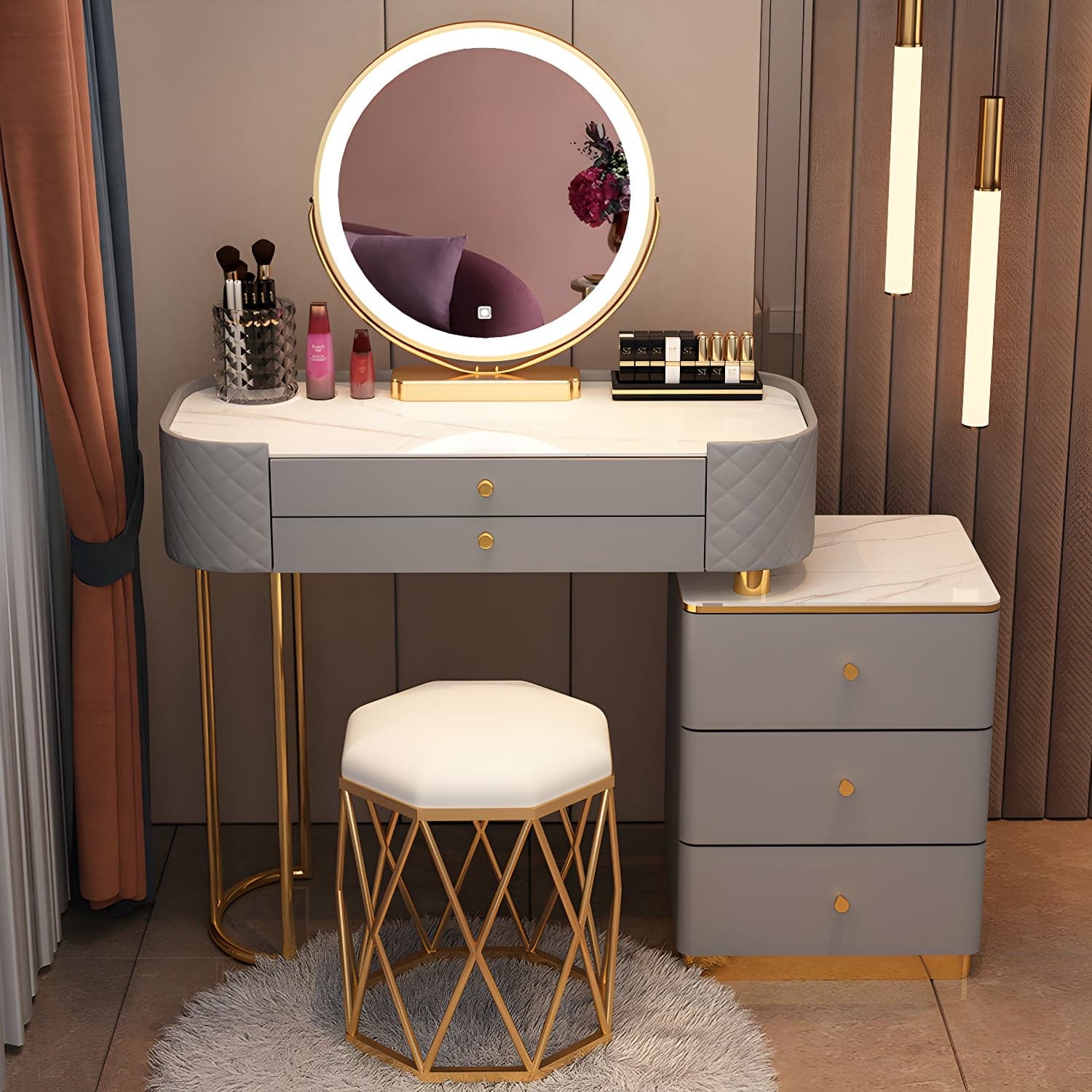 Lighted Mirror & Jewelry Makeup Vanity Metal Dressing Table Stool Set - image 3
