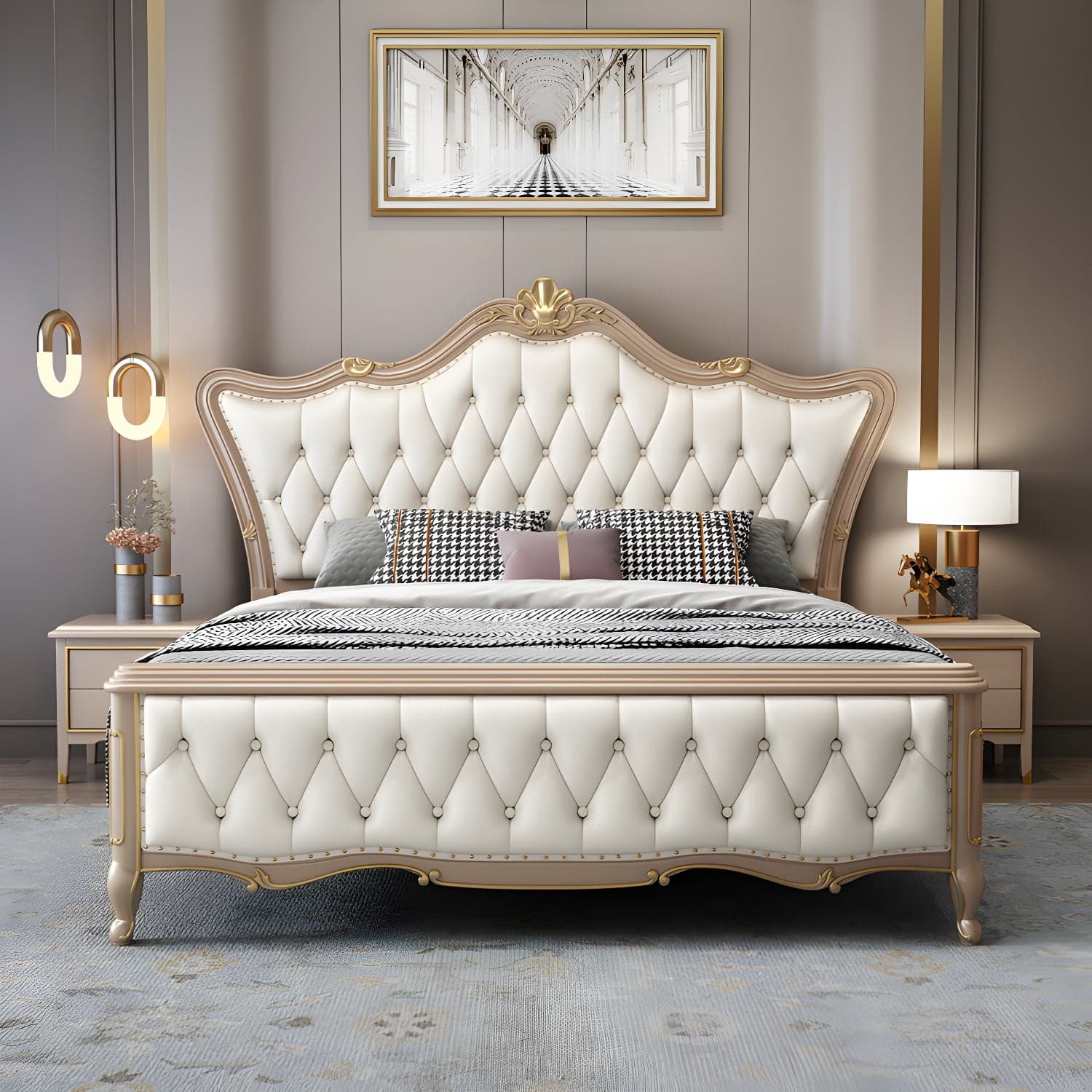 84.65 inch Wide Glam Bed Frame Rubberwood Solid Color Standard Bed with Headboard