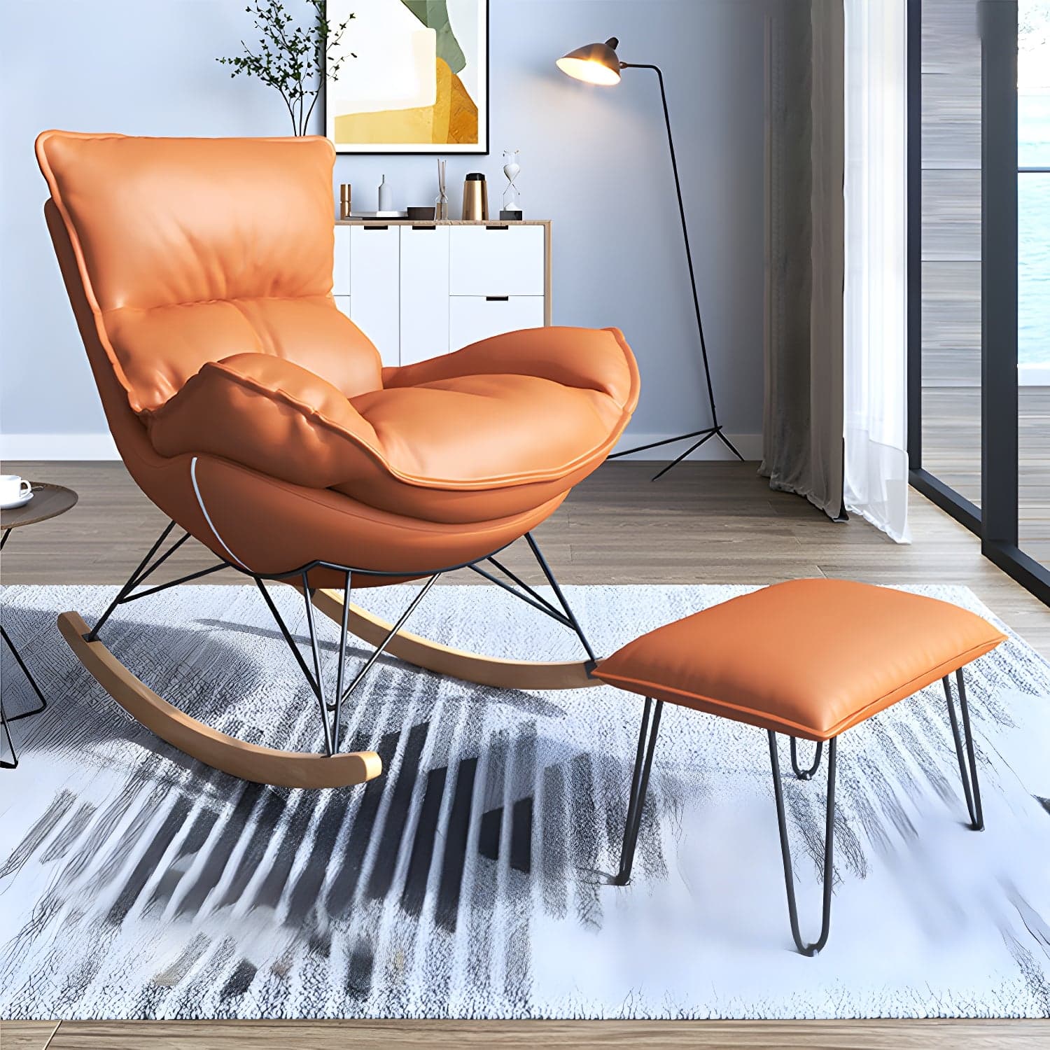 Contemporary Rocker Chair Antique Finish Rocking Chair with Ottoman - image 10