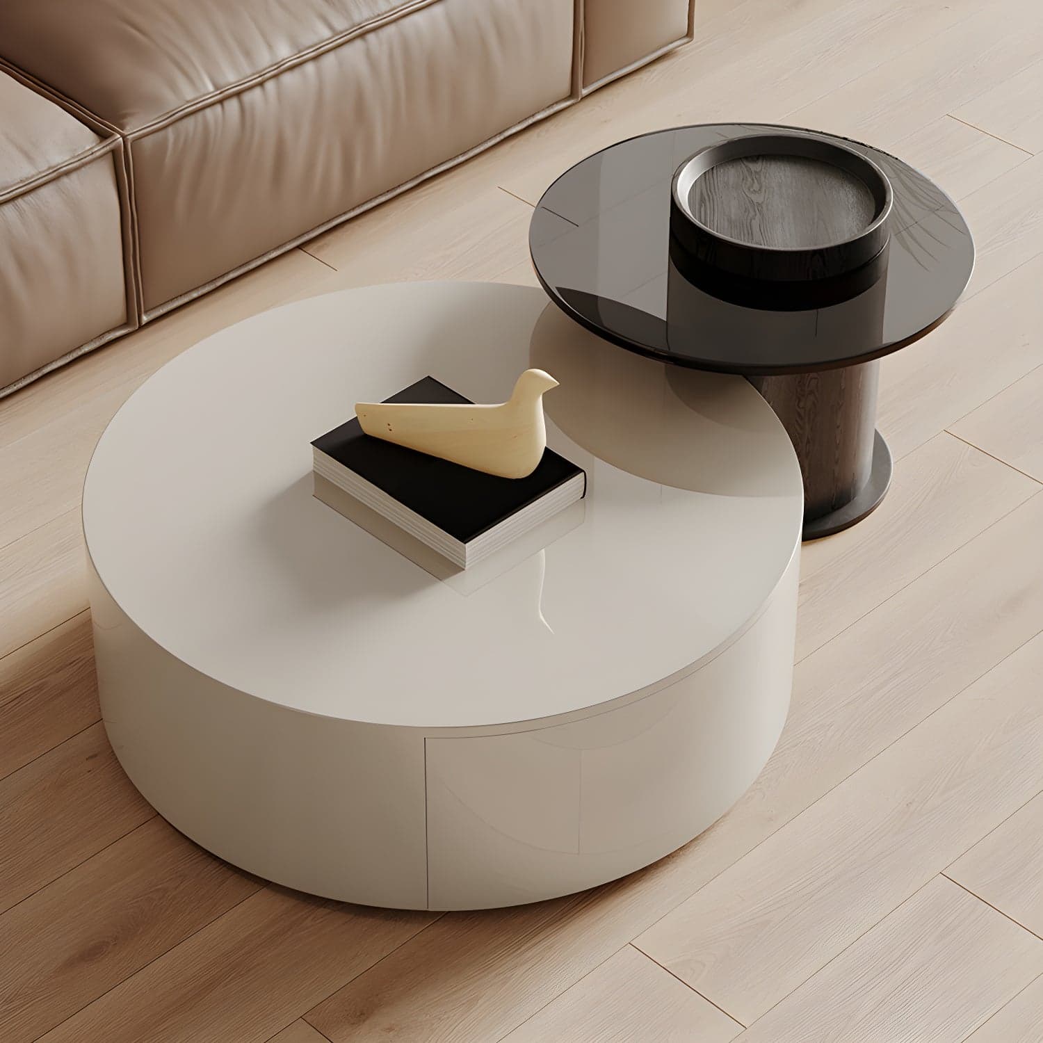Modern Round Coffee Table with Metal Drum Base and 2 Drawers - image 3