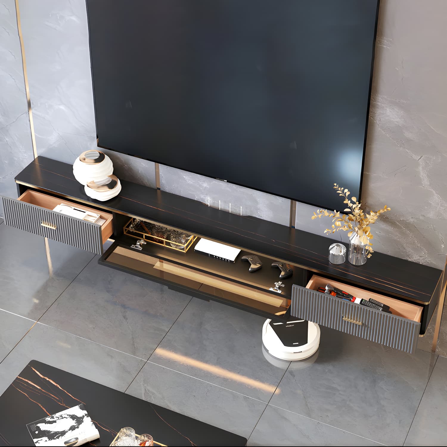 Glam Floating TV Media Stand with Drawers Stone and Wood TV Stand - image 6