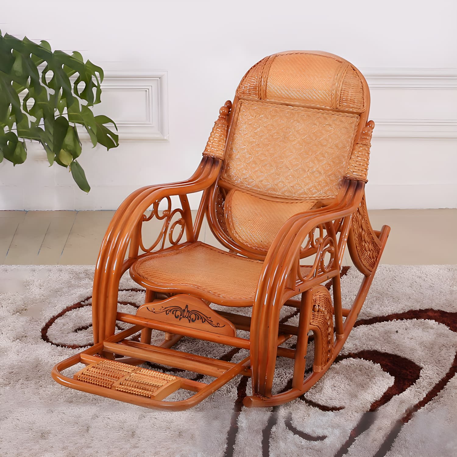 Espresso Rattan Rocking Chair Antique Reclining Rocker Chair 24.4" x 47.2" x 36.2"