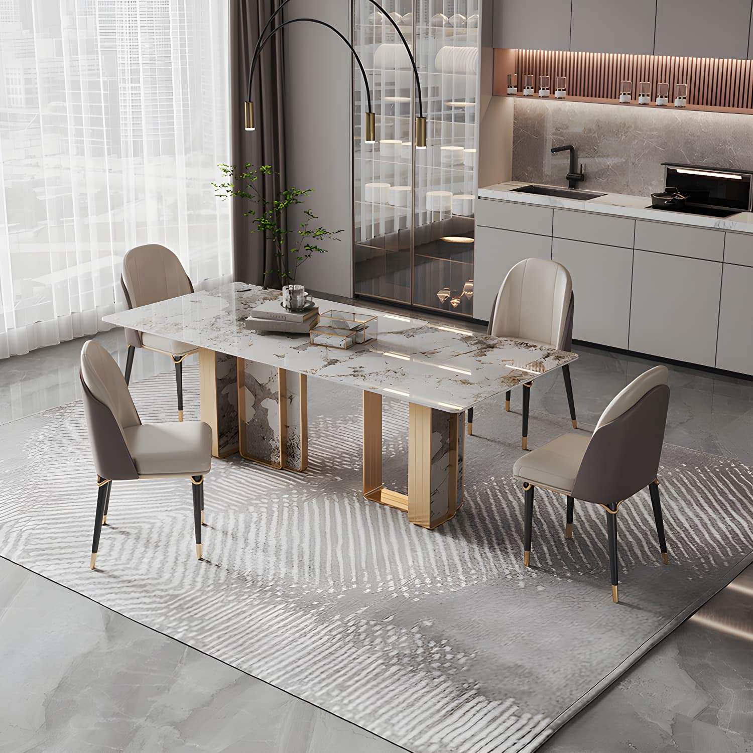 1/4/5/9 Pieces Rectangle Glam Furniture Stone Dining Table Set with Double Pedestal Base - image 12
