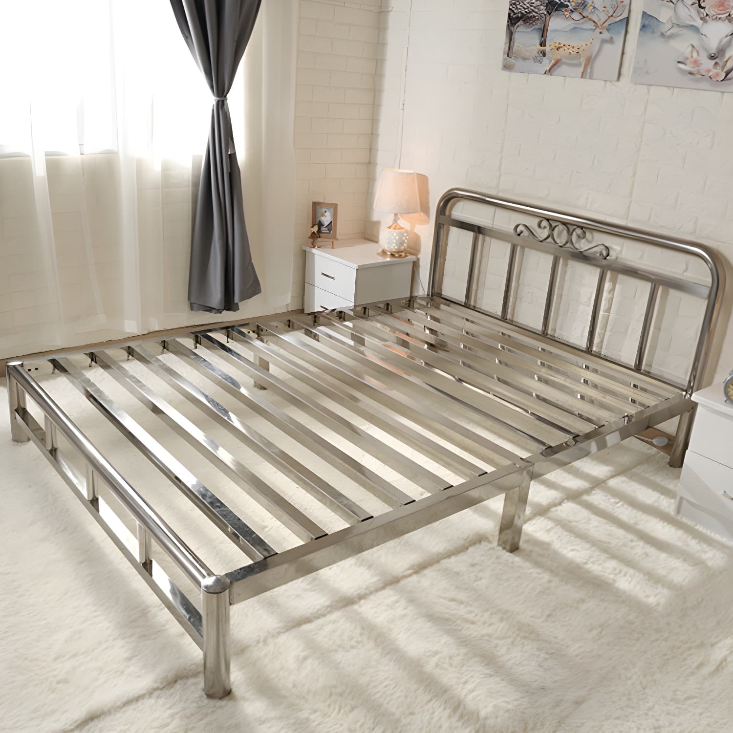 Silver Modern Steel Bed Rectangular Minimalist Bed with Metal Legs - image 10