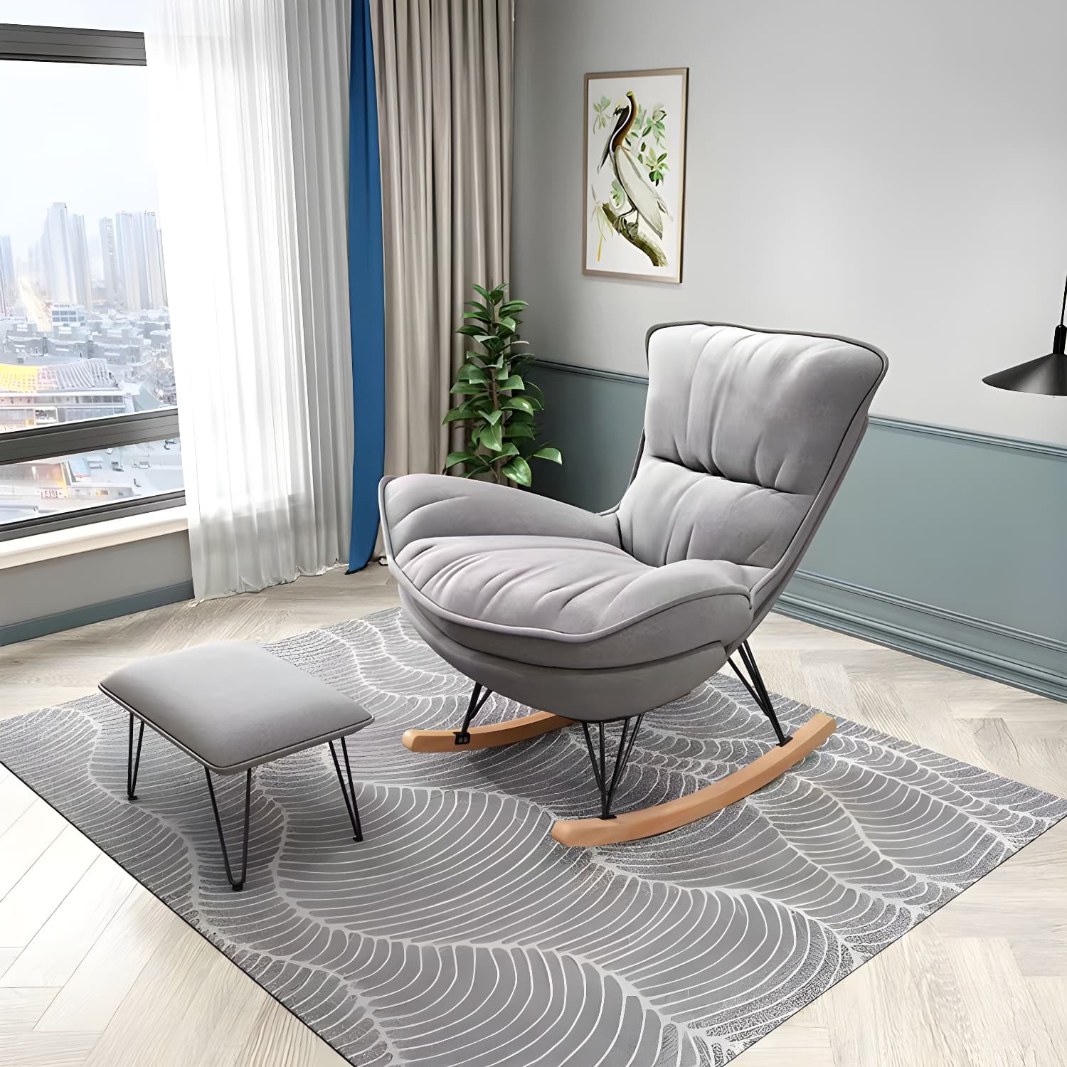 Glam Rocking Accent Chair Upholstered Antique Finish Rocking Chair with Ottoman - image 5