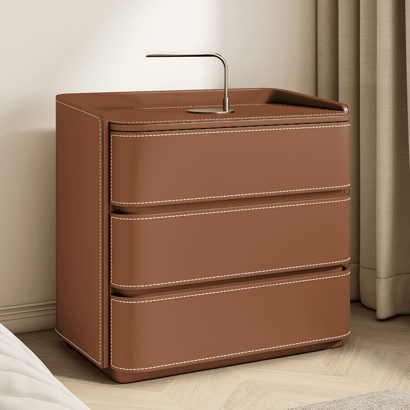 Contemporary 3 Tiers Genuine Leather Drawer Storage Bedside Table - image 5