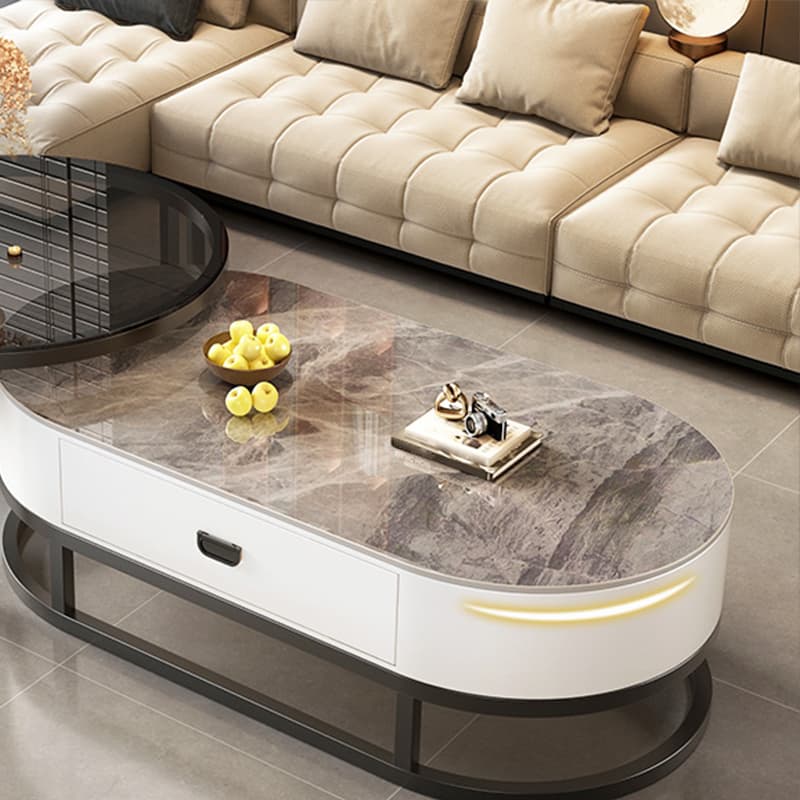 Set of 2 Modern Nesting Stone Coffee Tables with Metal Frame and Drawers - image 10
