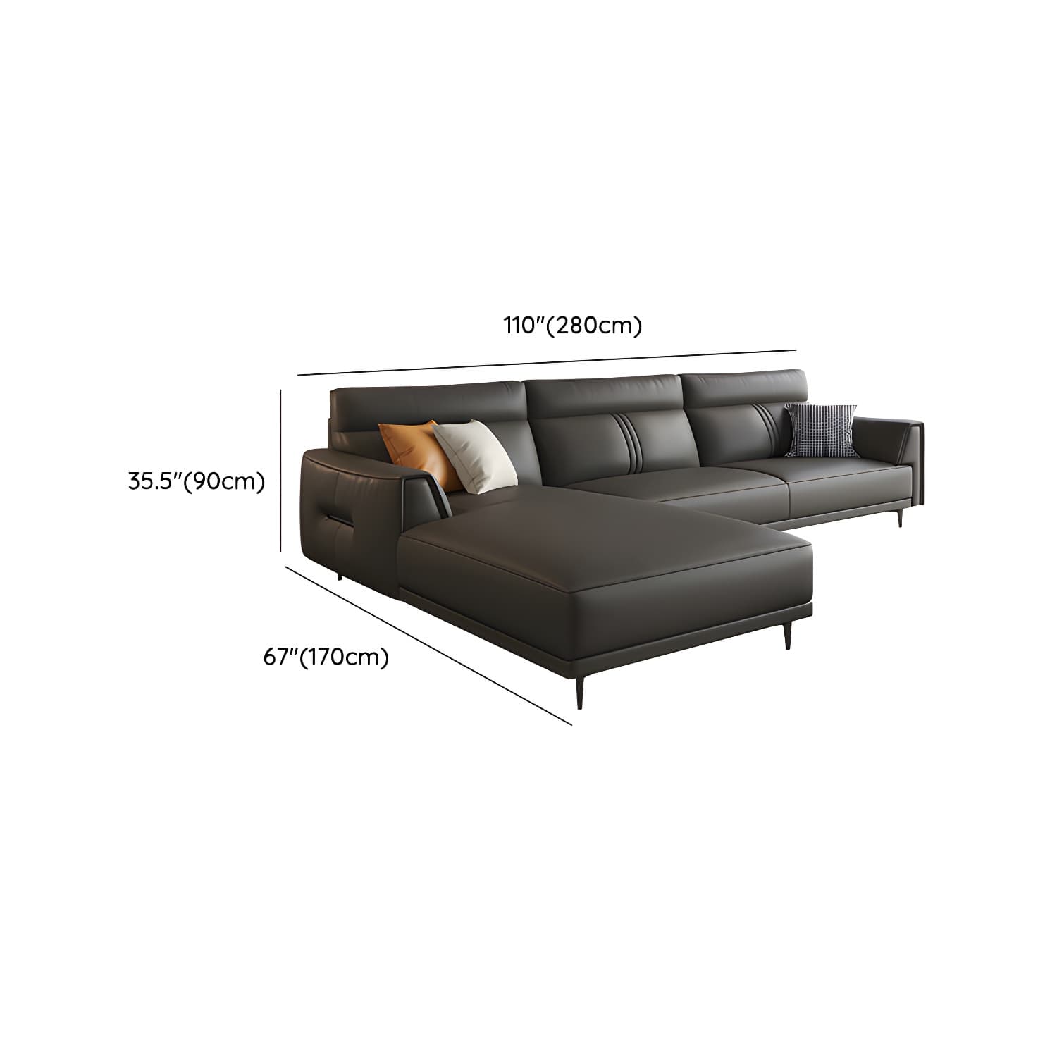 Modern Black Leather Stationary Sectional Sofa with Flared Arm and Cushion Back - image 19