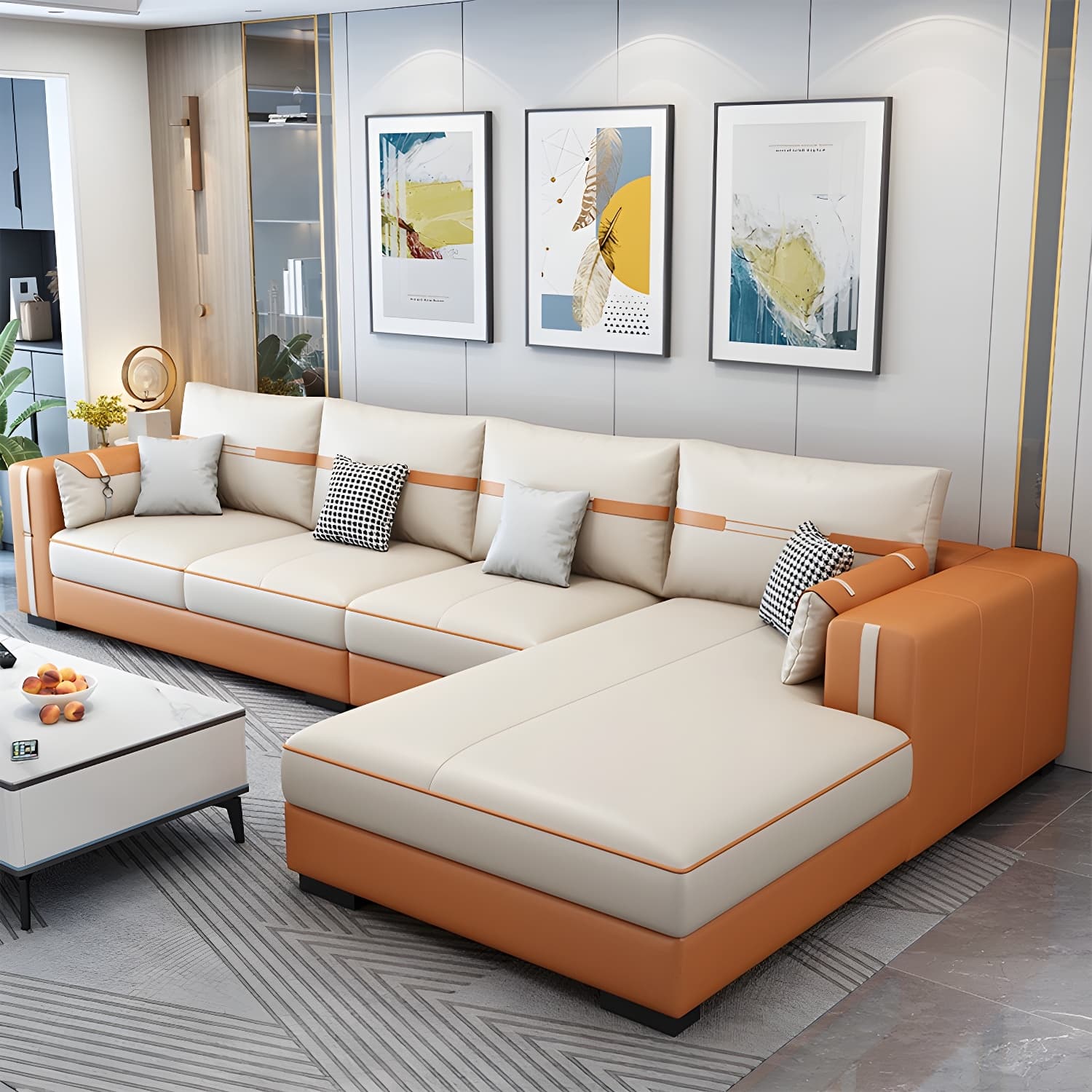 Scandinavian Wood Frame Beige Faux Leather Stationary Sectional Sofa with Cushion Back