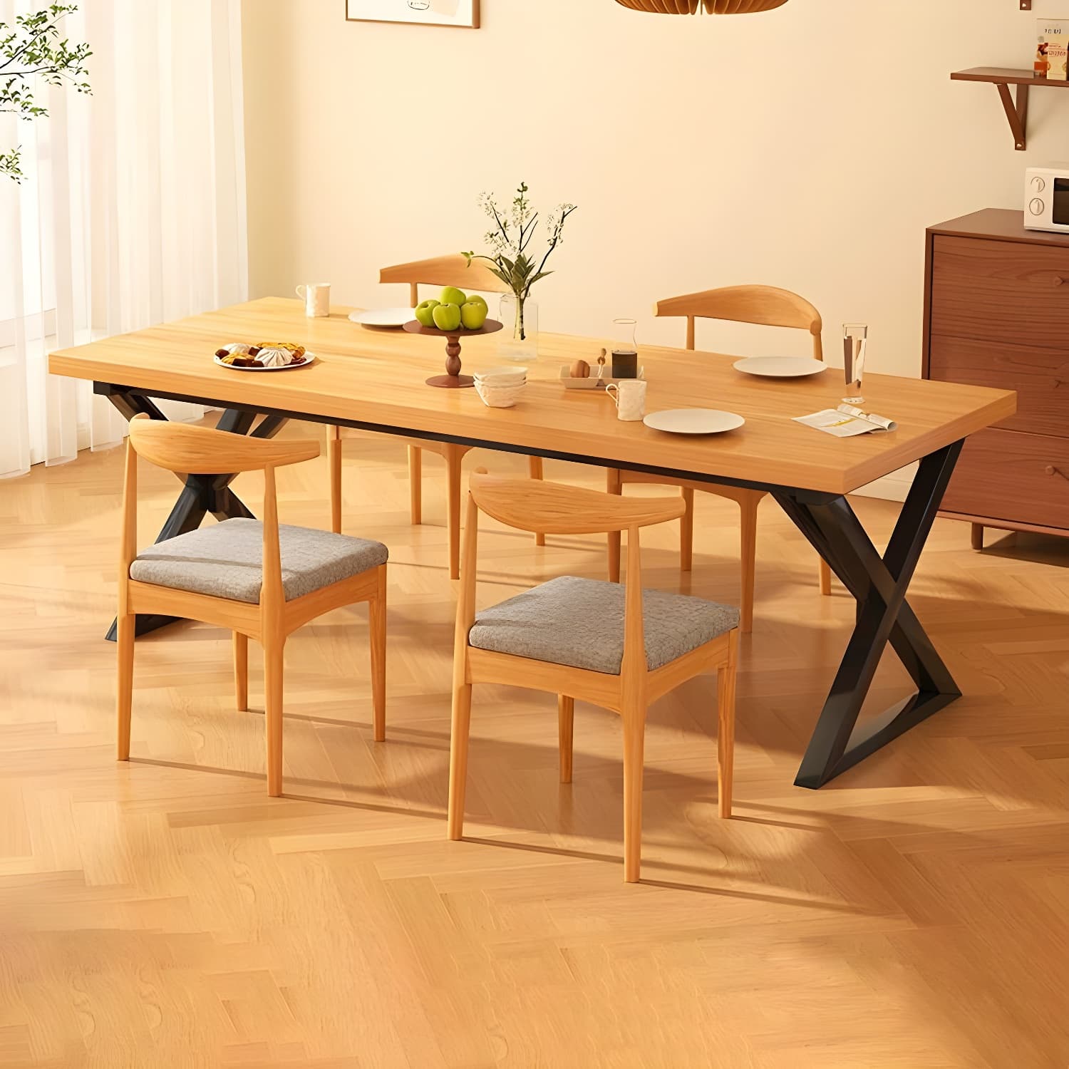 Brown Wood Rectangle Modern Dining Table with Double Black Metal Pedestal Base - image 5
