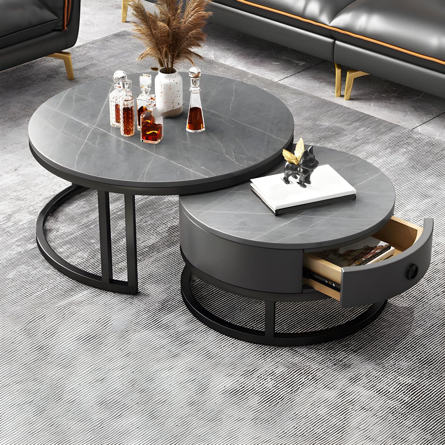 Modern Nesting Coffee Table Set Frame Round Coffee Table Set with Drawer - image 4