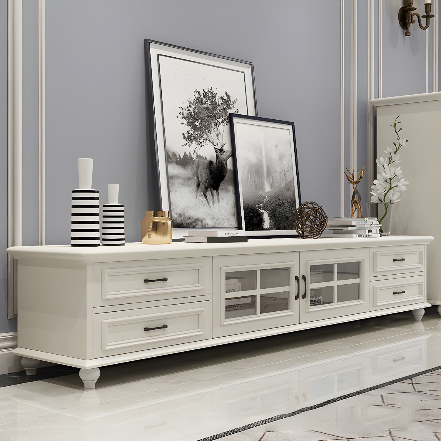 Modern Wood TV Stand with Drawers, Shelves, and Legs - Low Height - Cable Management