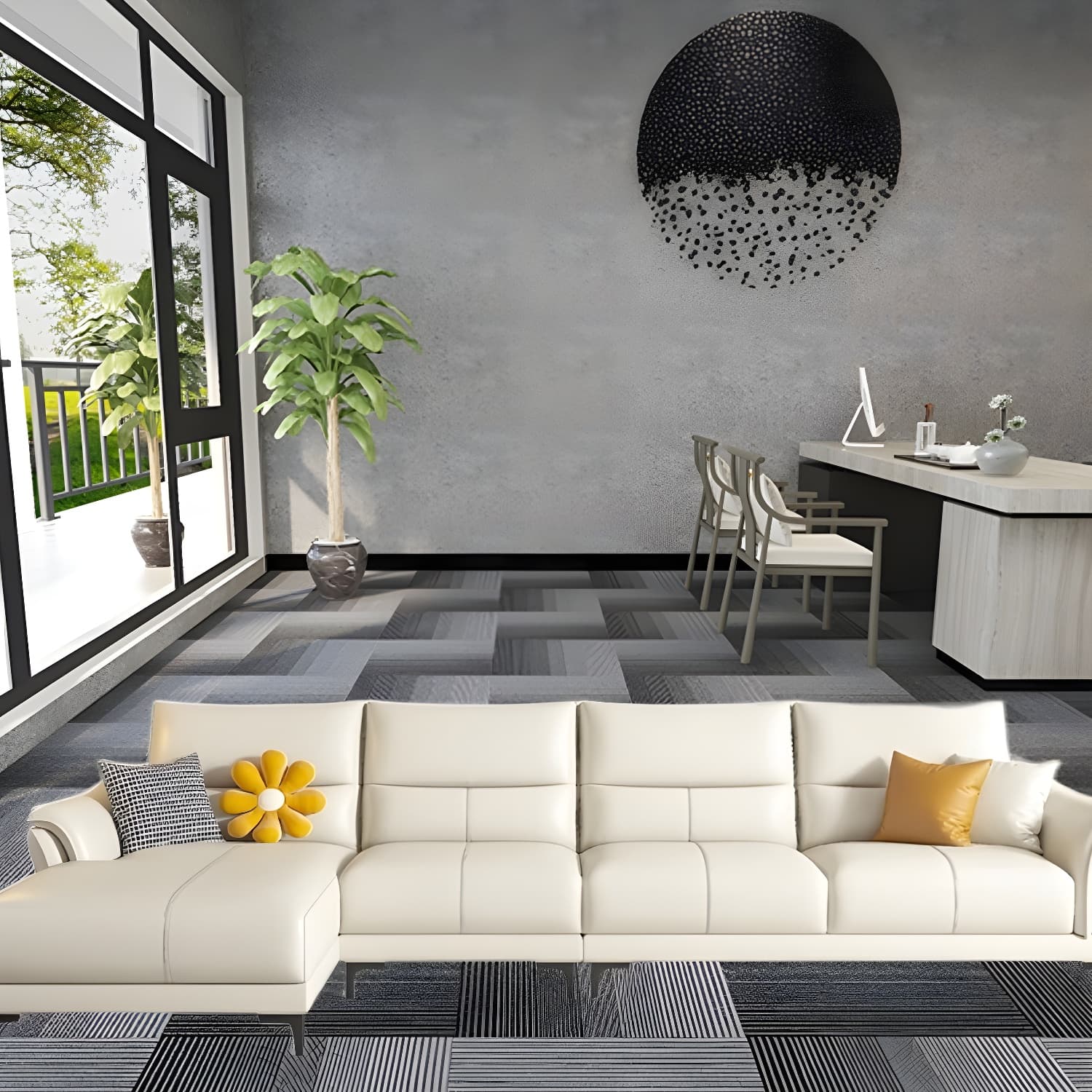 Contrast Flared Arm White Faux Leather Sectional Sofa with Cushion Back
